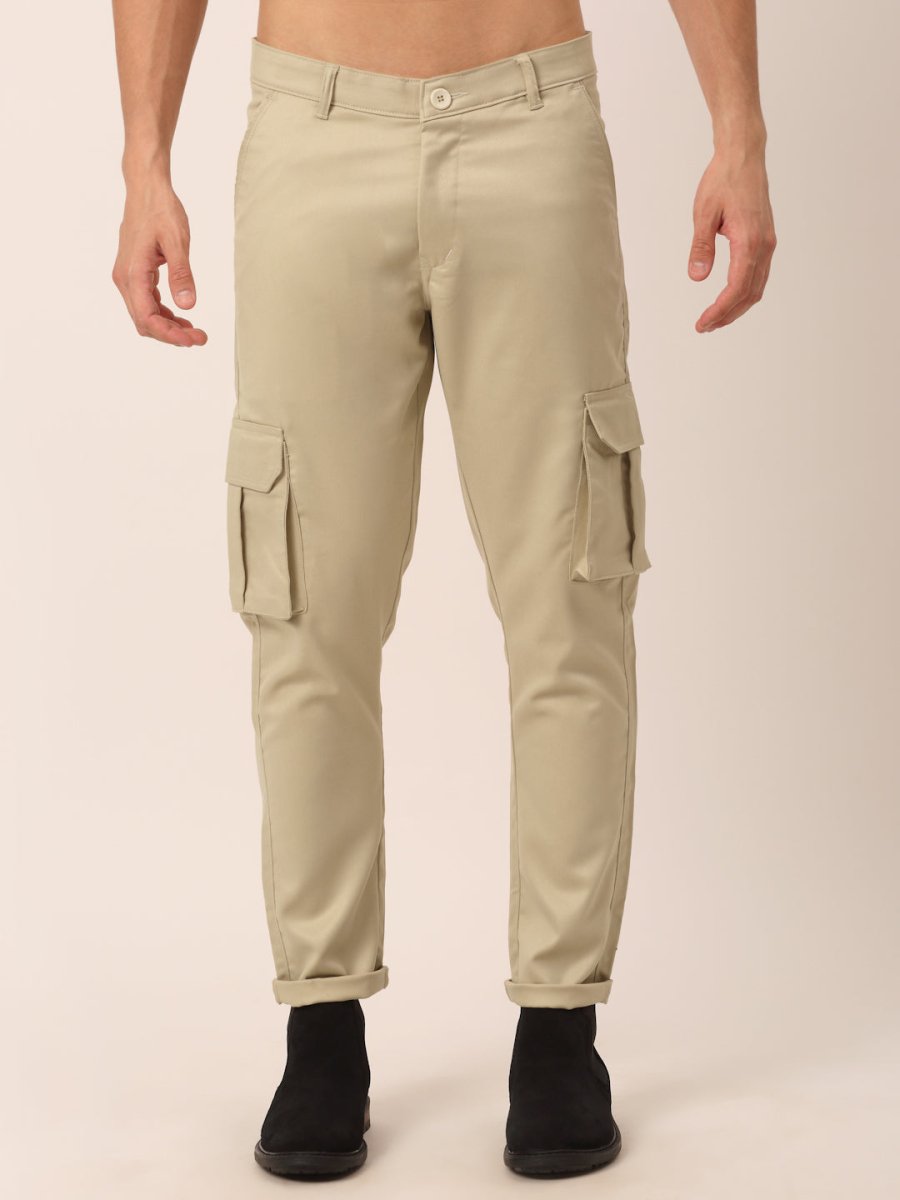 Indian Needle Men's Casual Cotton Solid Cargo Pants - KGP_154Cream_30