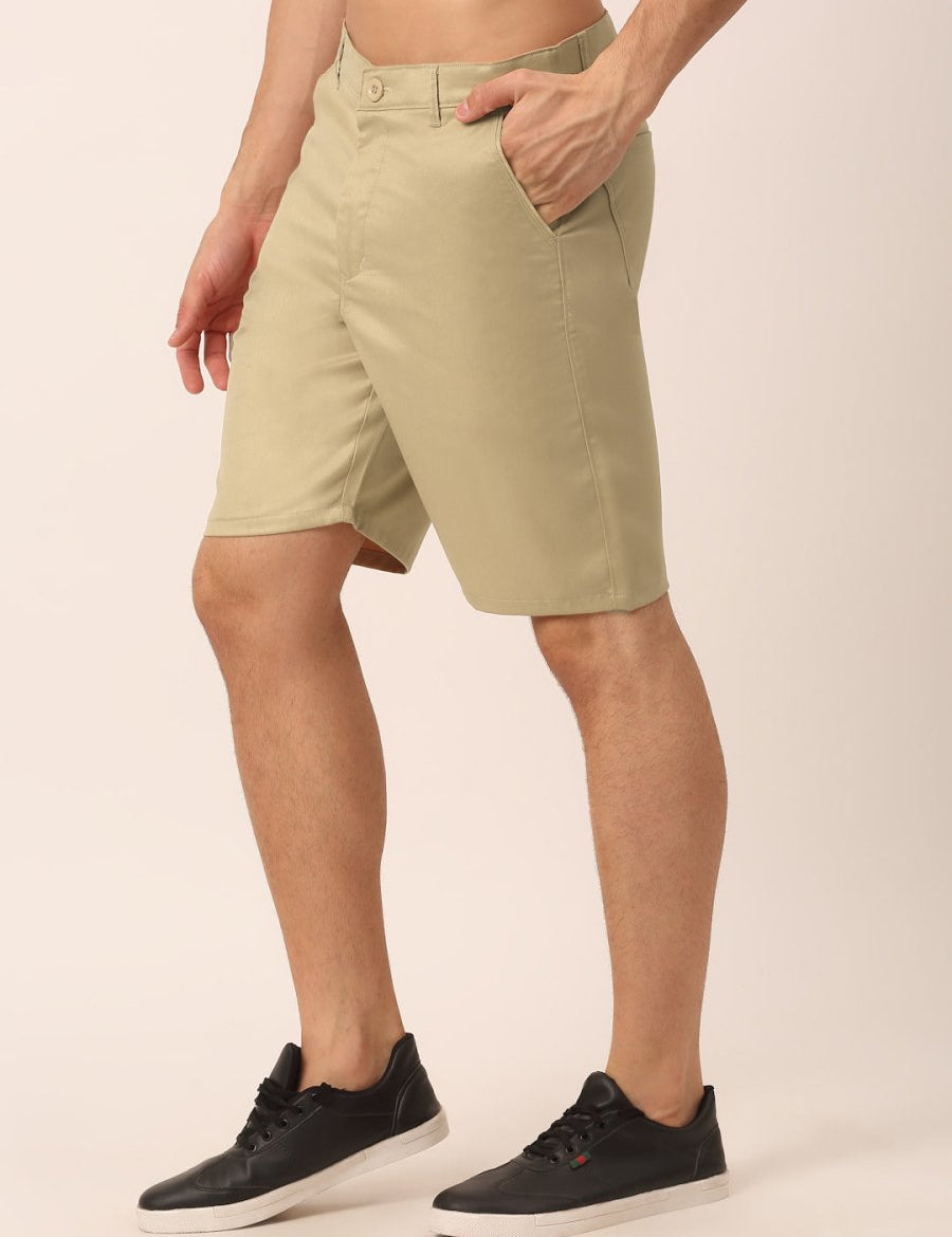 Indian Needle Men's Casual Cotton Solid Shorts - SGP_153Beige_30