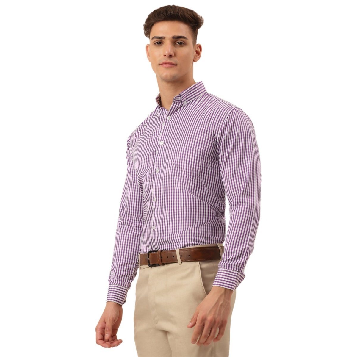 Indian Needle Men's Cotton Checked Button Down Collar Formal Shirts - SF_810Purple_S