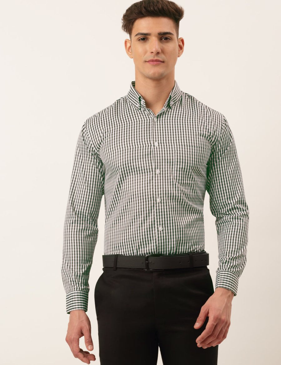 Indian Needle Men's Cotton Checked Button Down Collar Formal Shirts - SF_810Black_S