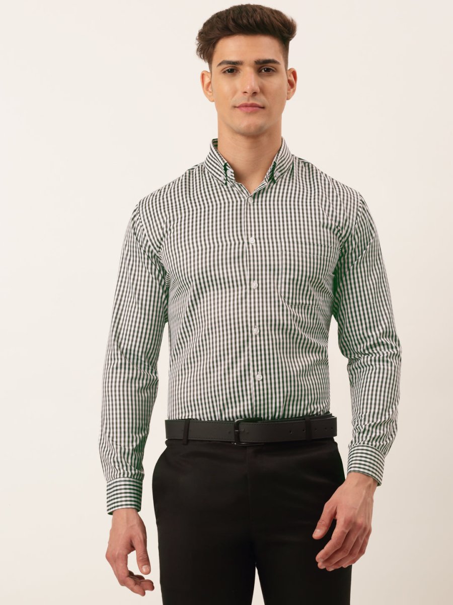 Indian Needle Men's Cotton Checked Button Down Collar Formal Shirts - SF_810Black_S