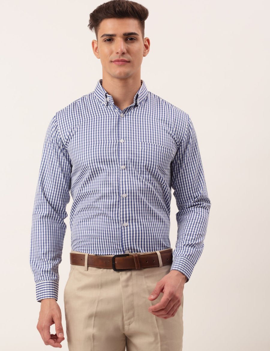 Indian Needle Men's Cotton Checked Button Down Collar Formal Shirts - SF_810Blue_S