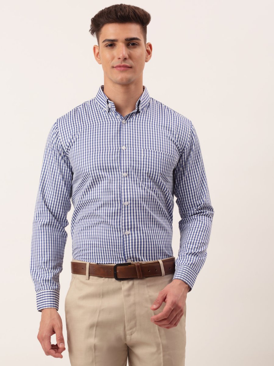 Indian Needle Men's Cotton Checked Button Down Collar Formal Shirts - SF_810Blue_S
