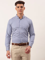 Indian Needle Men's Cotton Checked Button Down Collar Formal Shirts - SF_810Blue_S