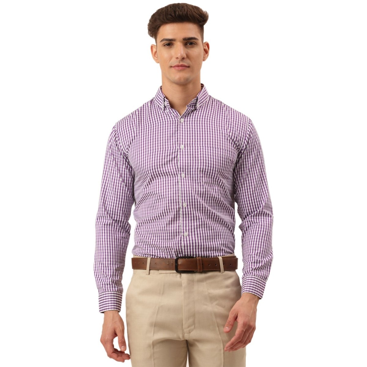 Indian Needle Men's Cotton Checked Button Down Collar Formal Shirts - SF_810Purple_S
