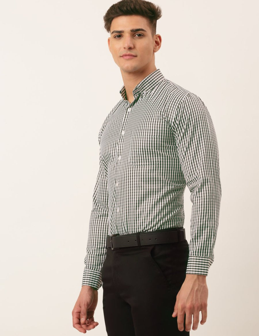 Indian Needle Men's Cotton Checked Button Down Collar Formal Shirts - SF_810Black_S