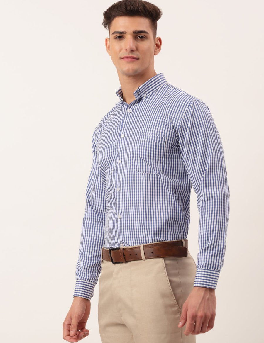 Indian Needle Men's Cotton Checked Button Down Collar Formal Shirts - SF_810Blue_S