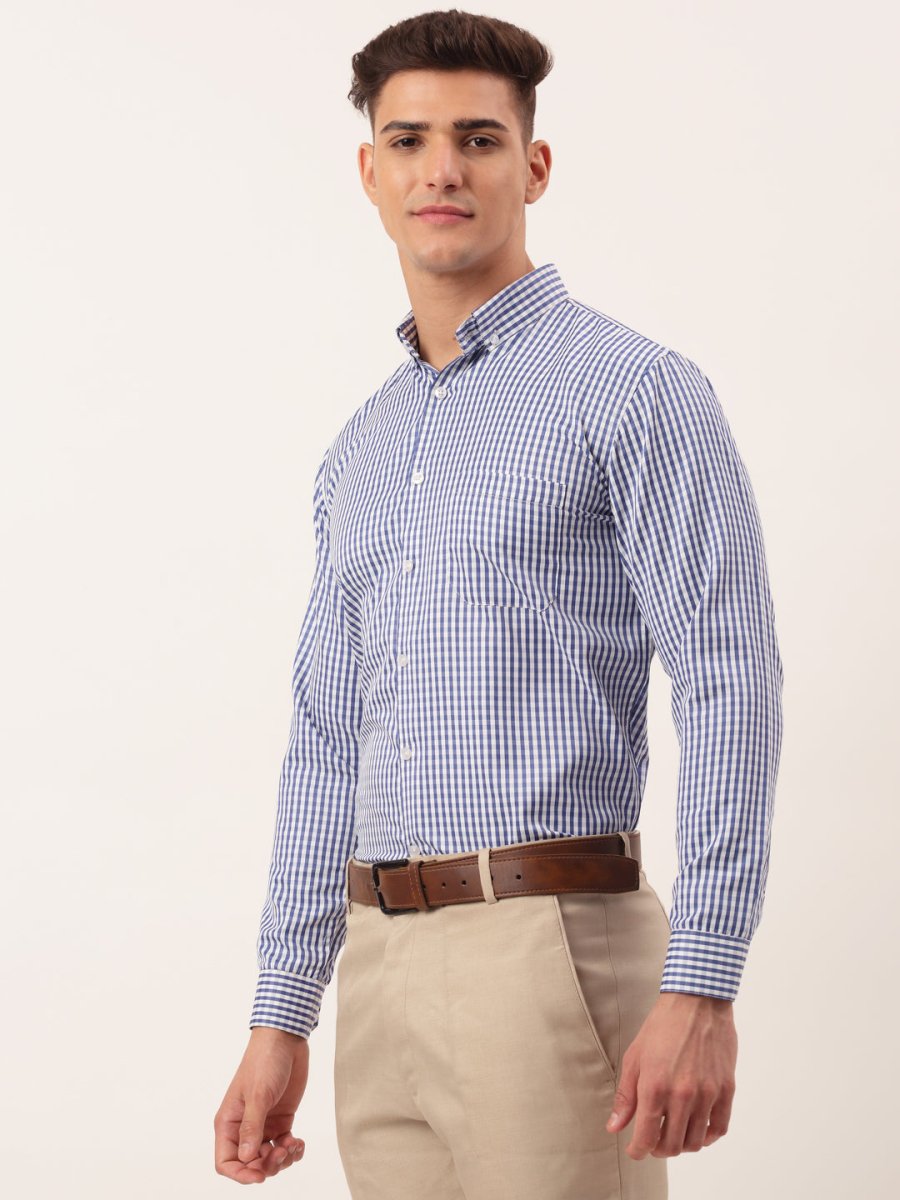 Indian Needle Men's Cotton Checked Button Down Collar Formal Shirts - SF_810Blue_S