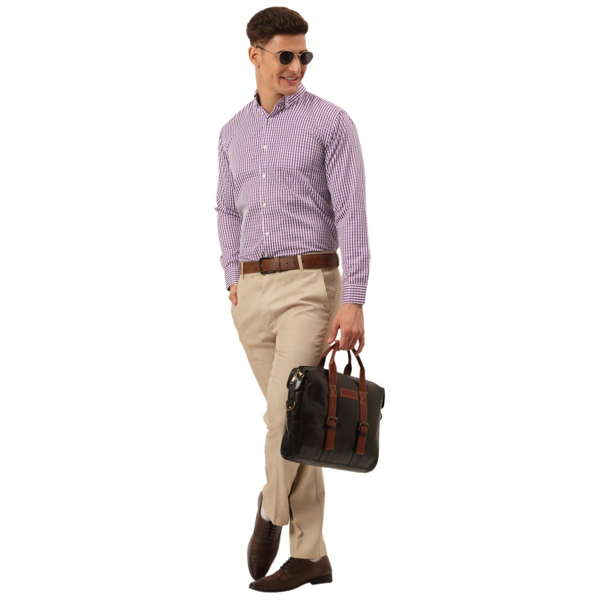 Indian Needle Men's Cotton Checked Button Down Collar Formal Shirts - SF_810Purple_S