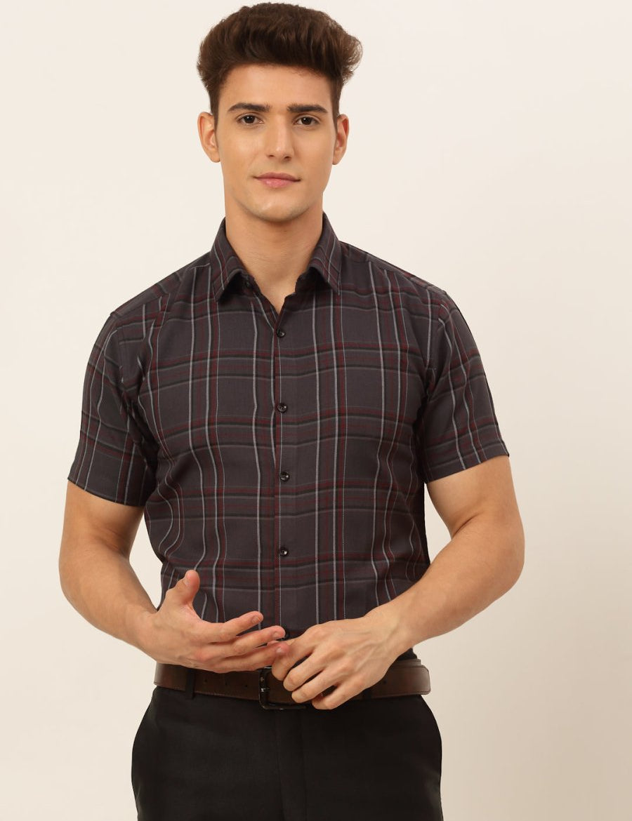Indian Needle Men's Cotton Checked Formal Shirts - SF_834Brown_S