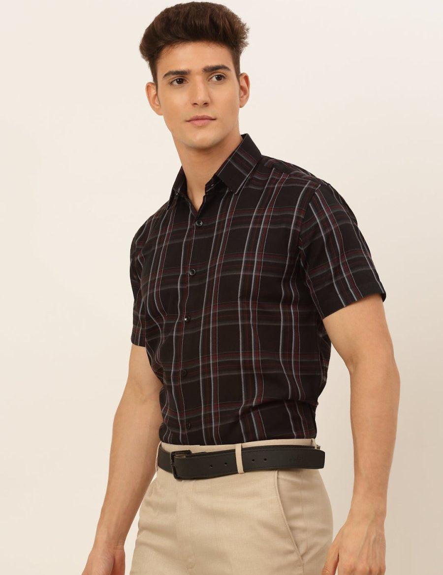 Indian Needle Men's Cotton Checked Formal Shirts - SF_834Black_S