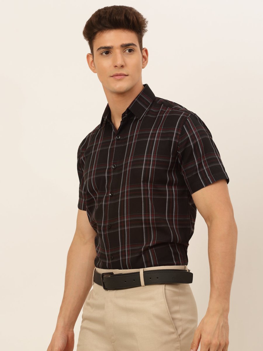 Indian Needle Men's Cotton Checked Formal Shirts - SF_834Black_S