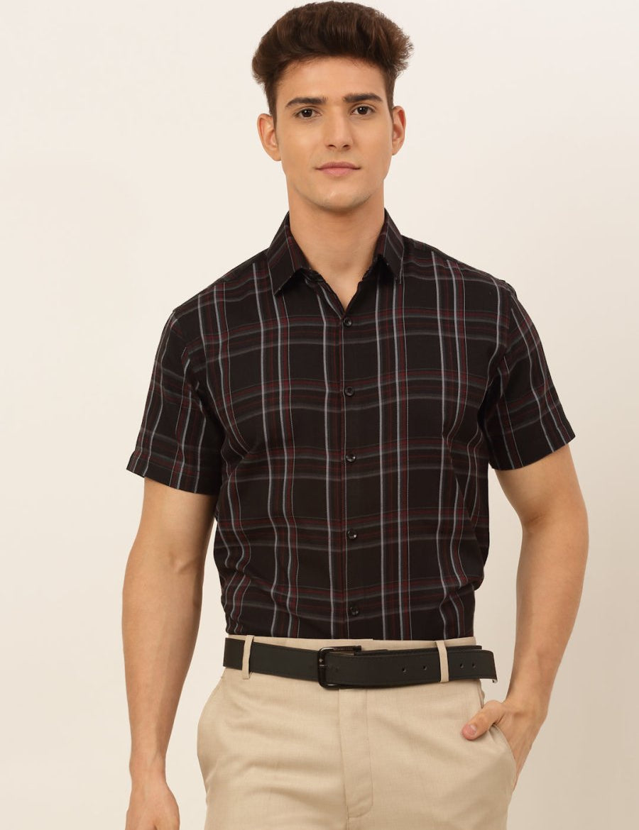 Indian Needle Men's Cotton Checked Formal Shirts - SF_834Black_S