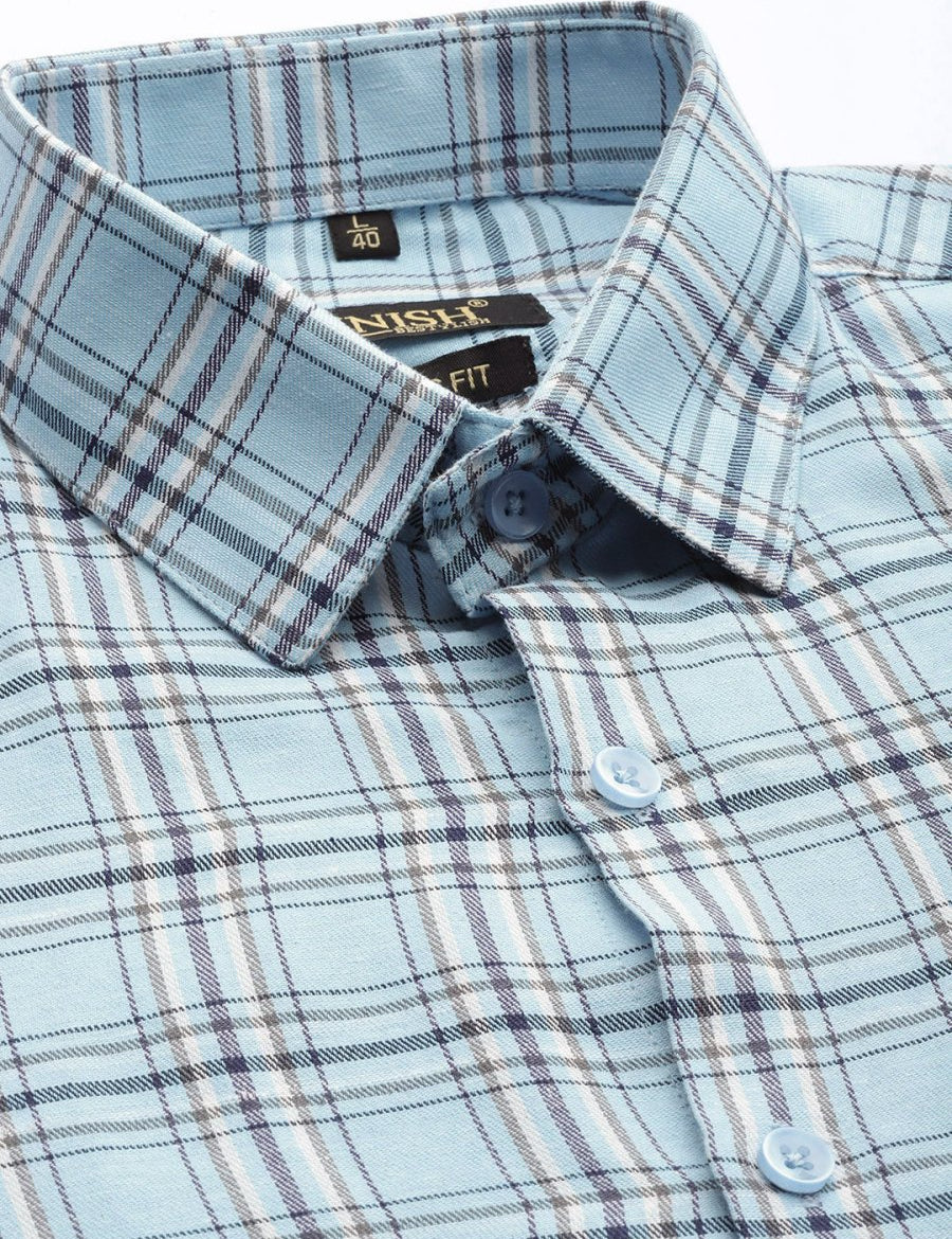 Indian Needle Men's Cotton Checked Formal Shirts - SF_791Sky_S