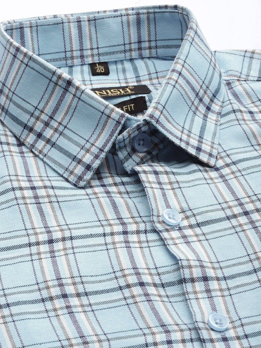 Indian Needle Men's Cotton Checked Formal Shirts - SF_791Sky_S