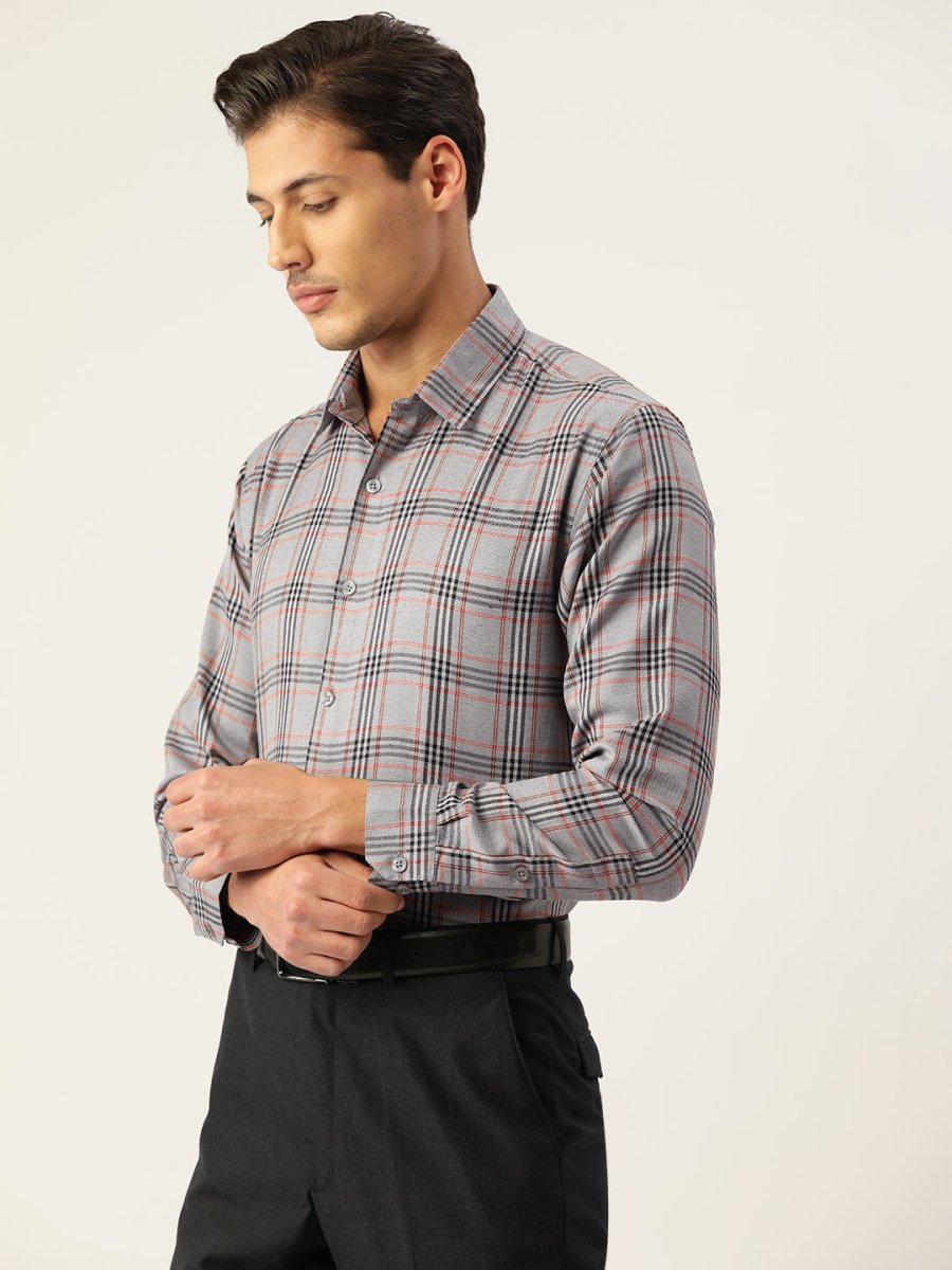 Indian Needle Men's Cotton Checked Formal Shirts - SF_793Grey_S