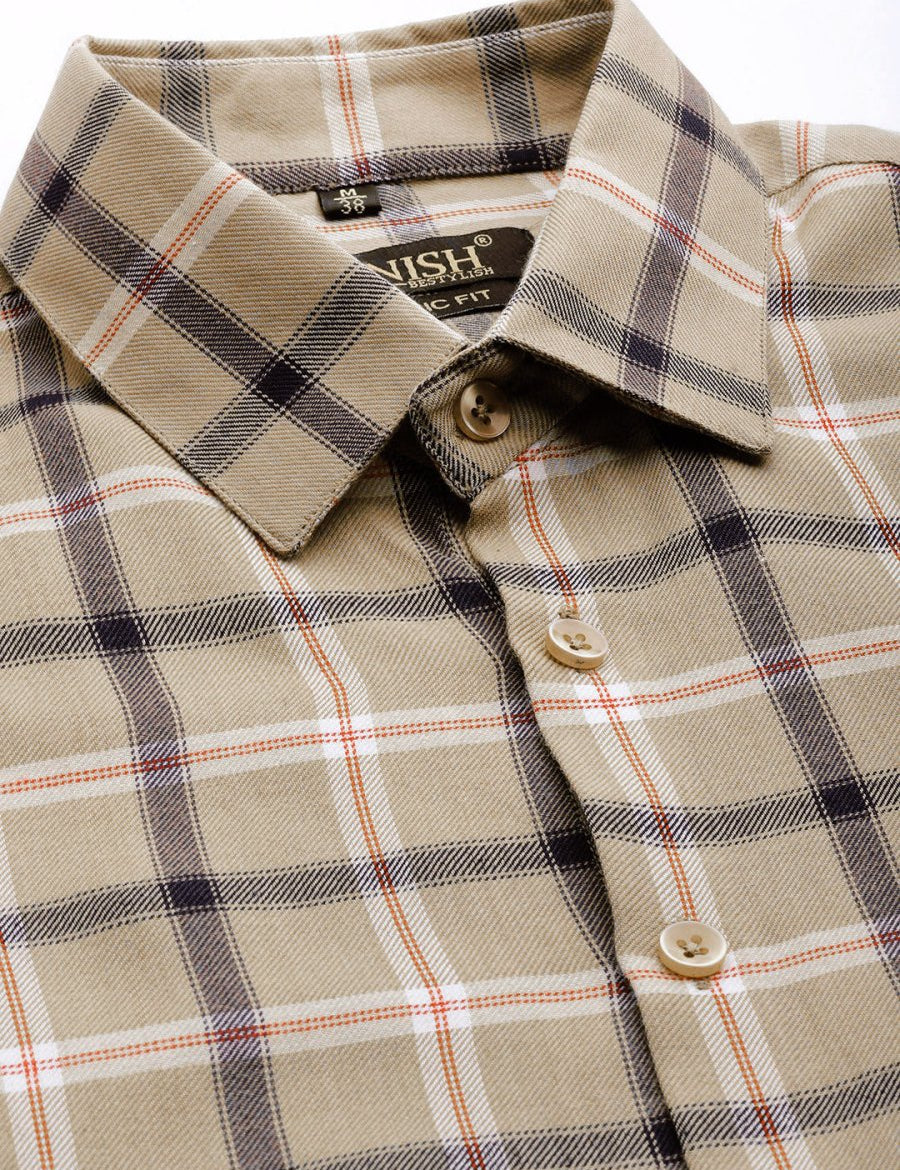 Indian Needle Men's Cotton Checked Formal Shirts - SF_803Beige_S