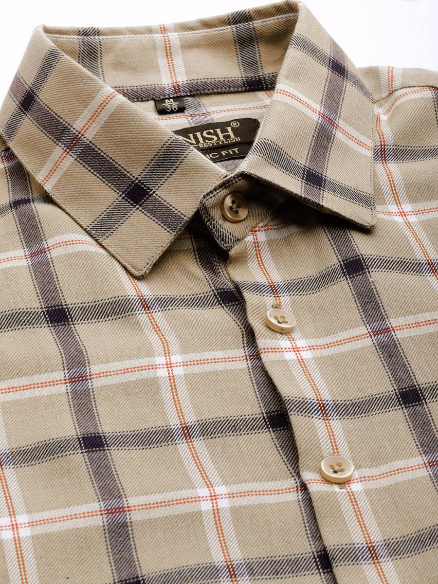 Indian Needle Men's Cotton Checked Formal Shirts - SF_803Beige_S