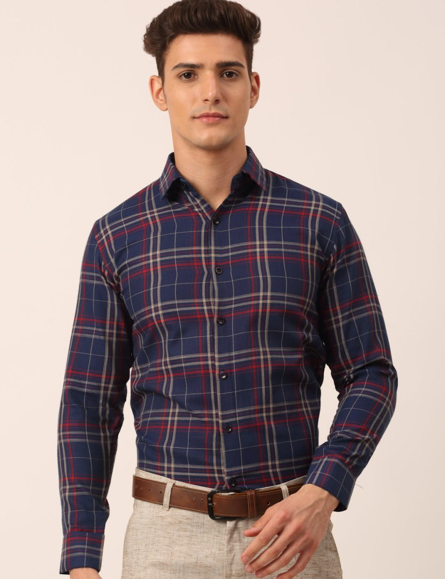 Indian Needle Men's Cotton Checked Formal Shirts - SF_819Navy_S