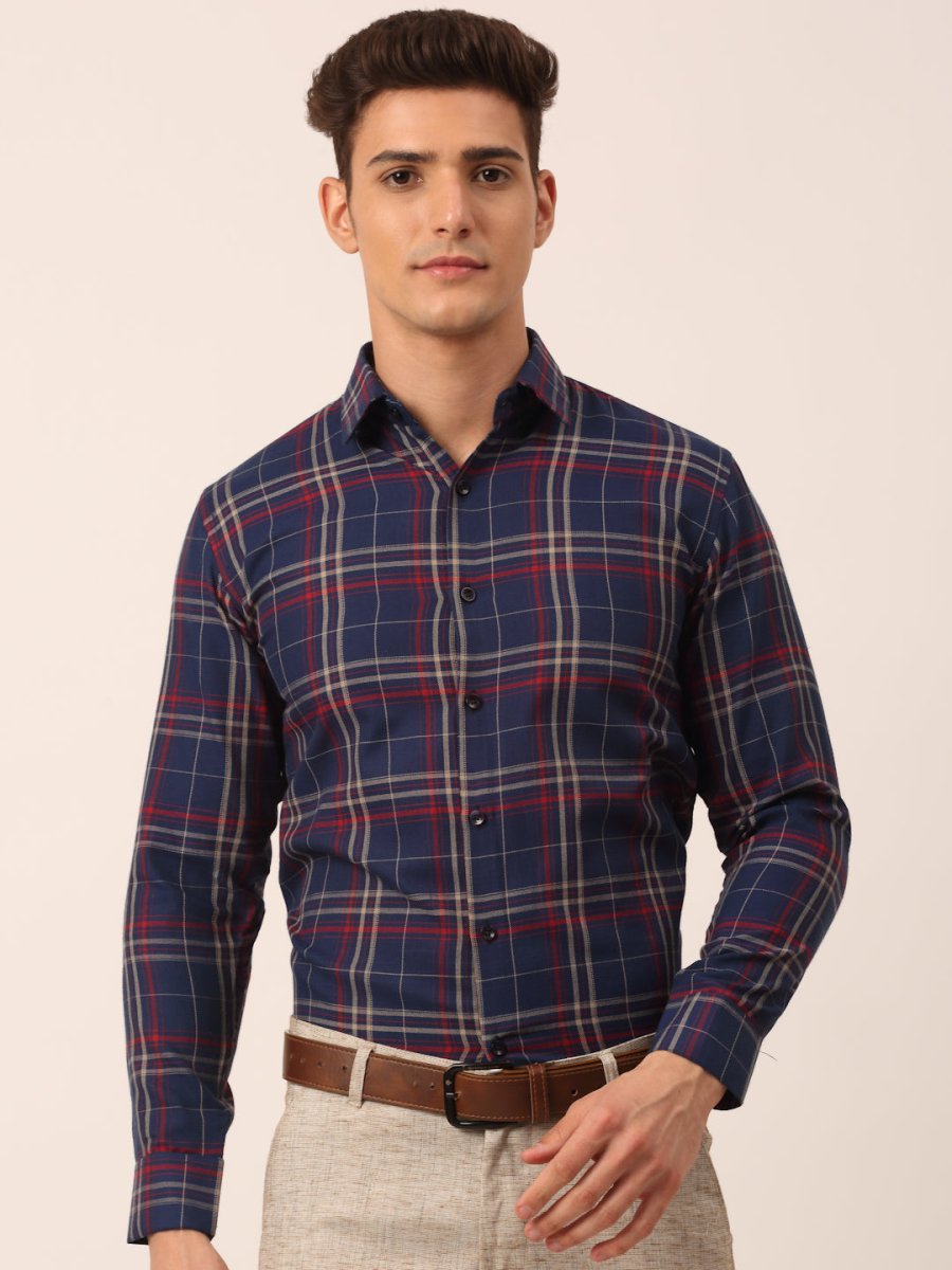 Indian Needle Men's Cotton Checked Formal Shirts - SF_819Navy_S