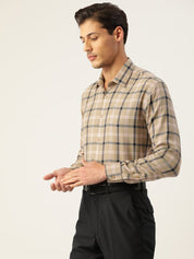 Indian Needle Men's Cotton Checked Formal Shirts - SF_803Beige_S