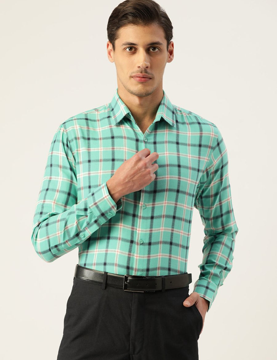 Indian Needle Men's Cotton Checked Formal Shirts - SF_803Green_S
