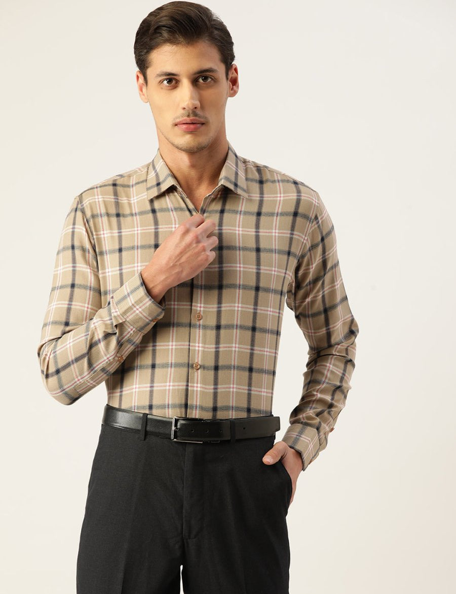 Indian Needle Men's Cotton Checked Formal Shirts - SF_803Beige_S