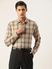Indian Needle Men's Cotton Checked Formal Shirts - SF_803Beige_S