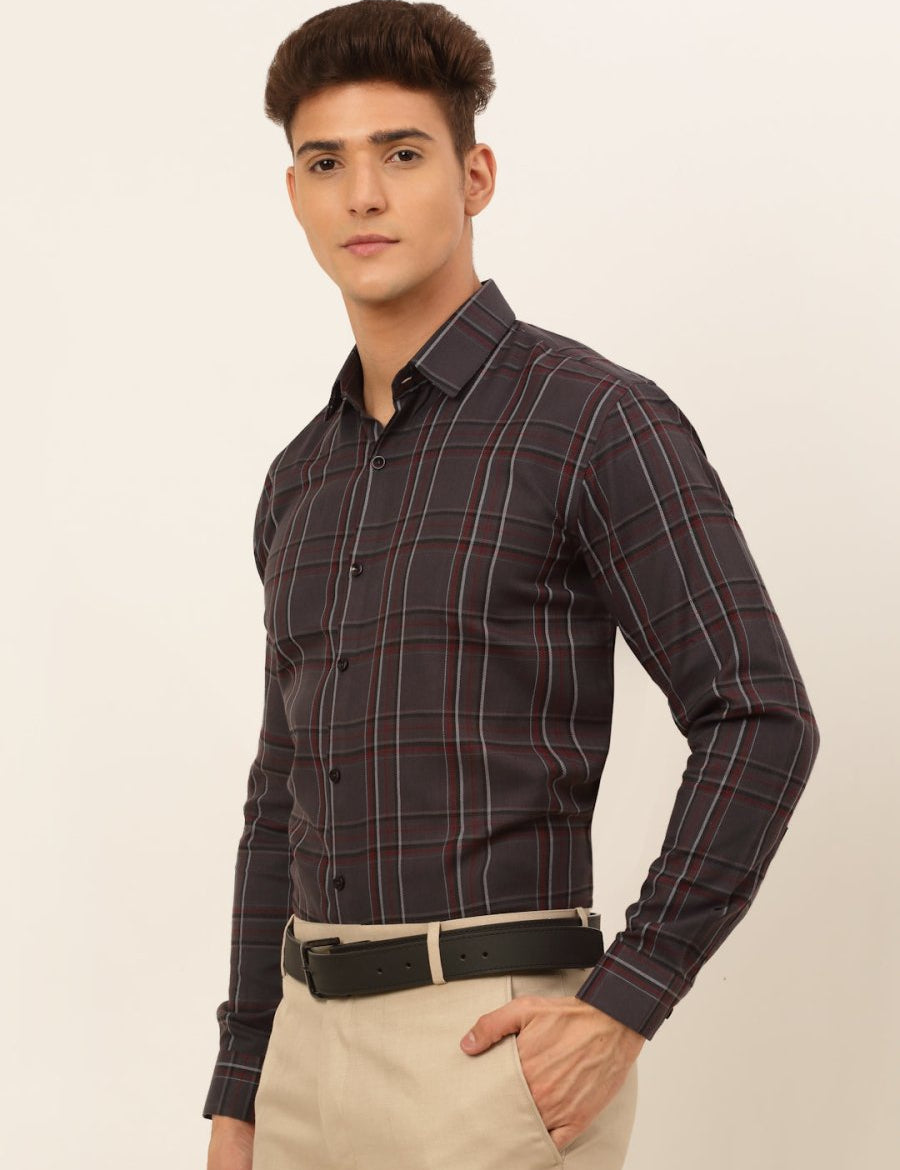 Indian Needle Men's Cotton Checked Formal Shirts - SF_836Brown_S