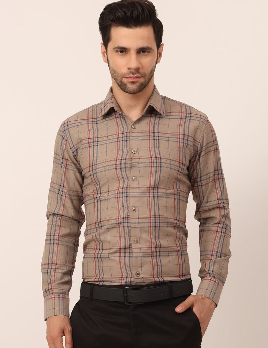 Indian Needle Men's Cotton Checked Formal Shirts - SF_819Brown_S