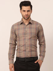 Indian Needle Men's Cotton Checked Formal Shirts - SF_819Brown_S