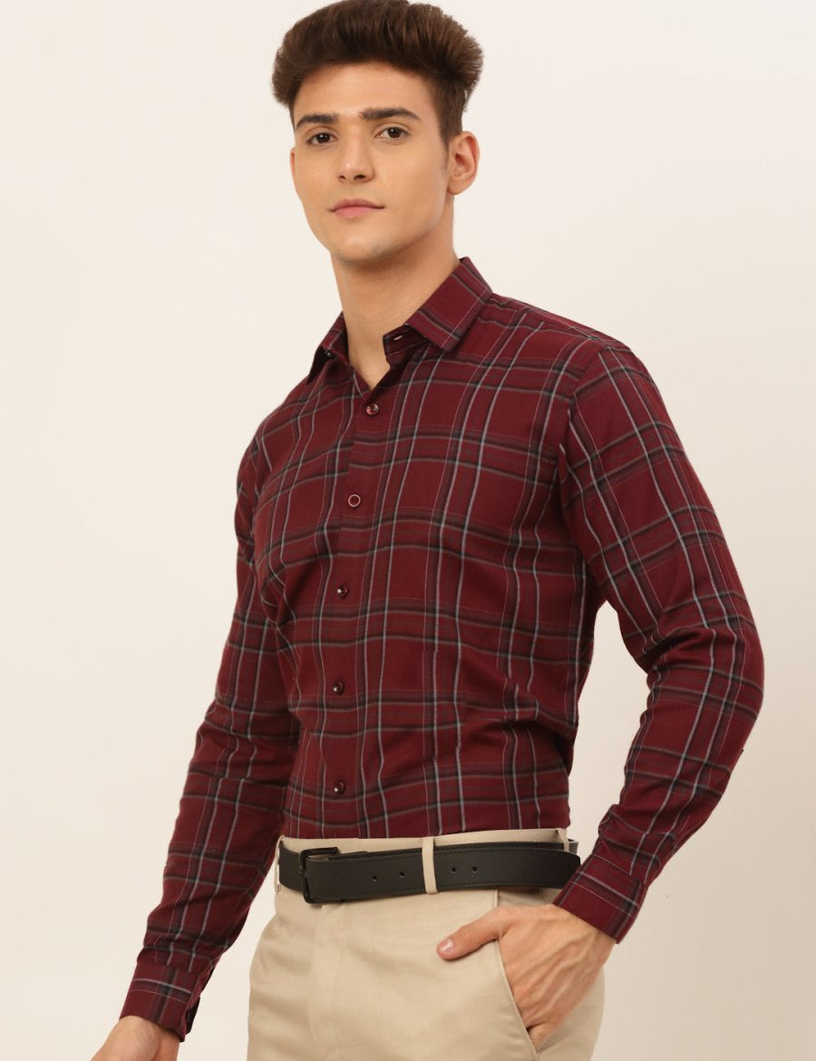 Indian Needle Men's Cotton Checked Formal Shirts - SF_836Maroon_S