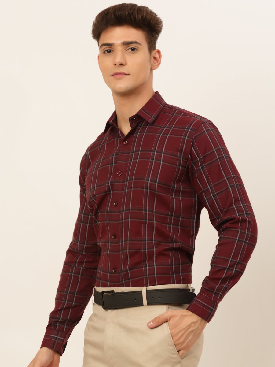 Indian Needle Men's Cotton Checked Formal Shirts - SF_836Maroon_S