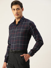Indian Needle Men's Cotton Checked Formal Shirts - SF_797Navy_S