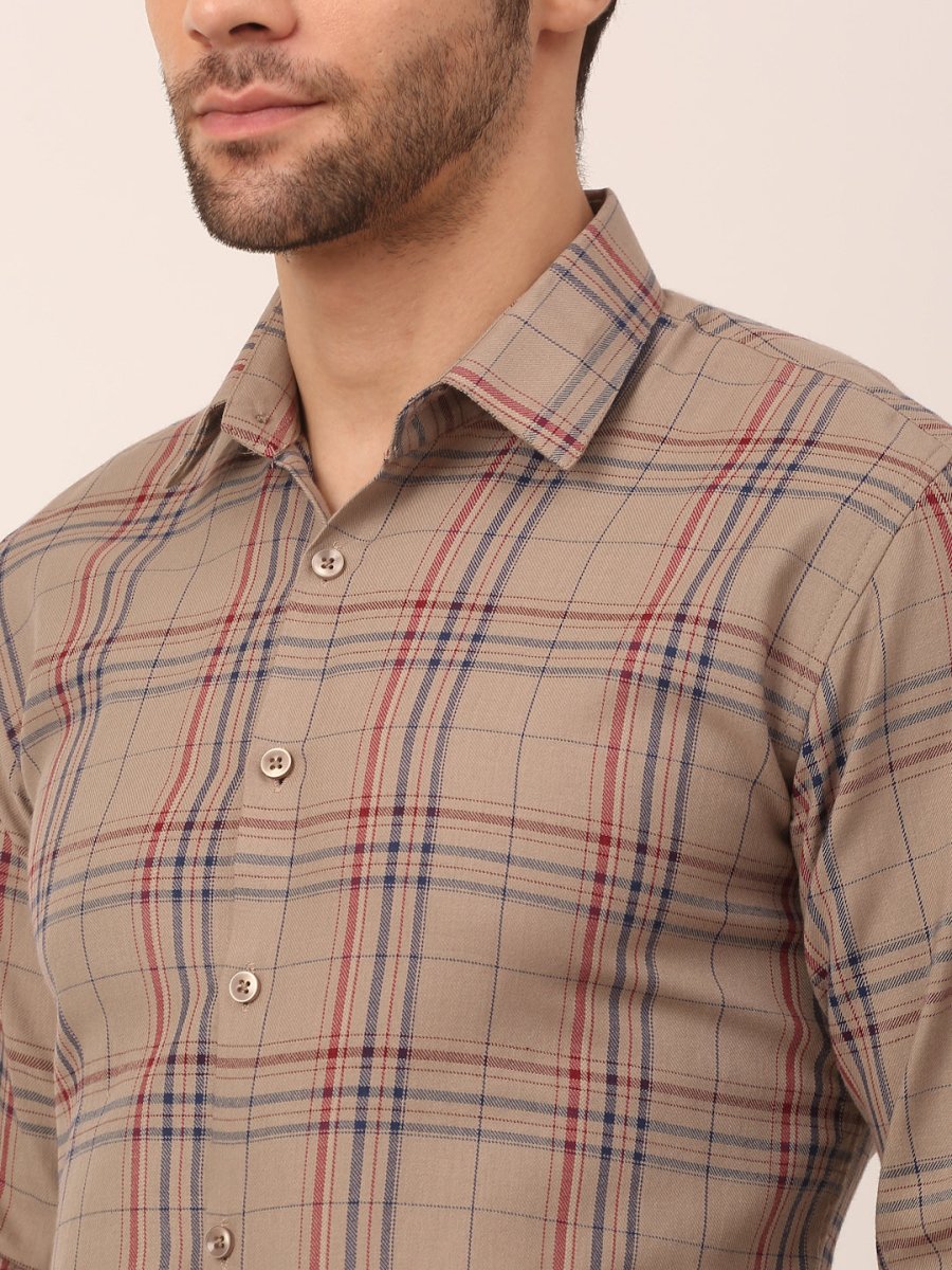 Indian Needle Men's Cotton Checked Formal Shirts - SF_819Brown_S
