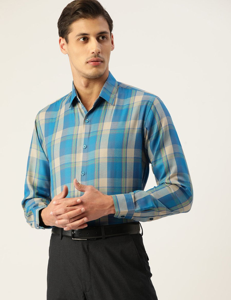 Indian Needle Men's Cotton Checked Formal Shirts - SF_798Sky_S