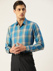 Indian Needle Men's Cotton Checked Formal Shirts - SF_798Sky_S