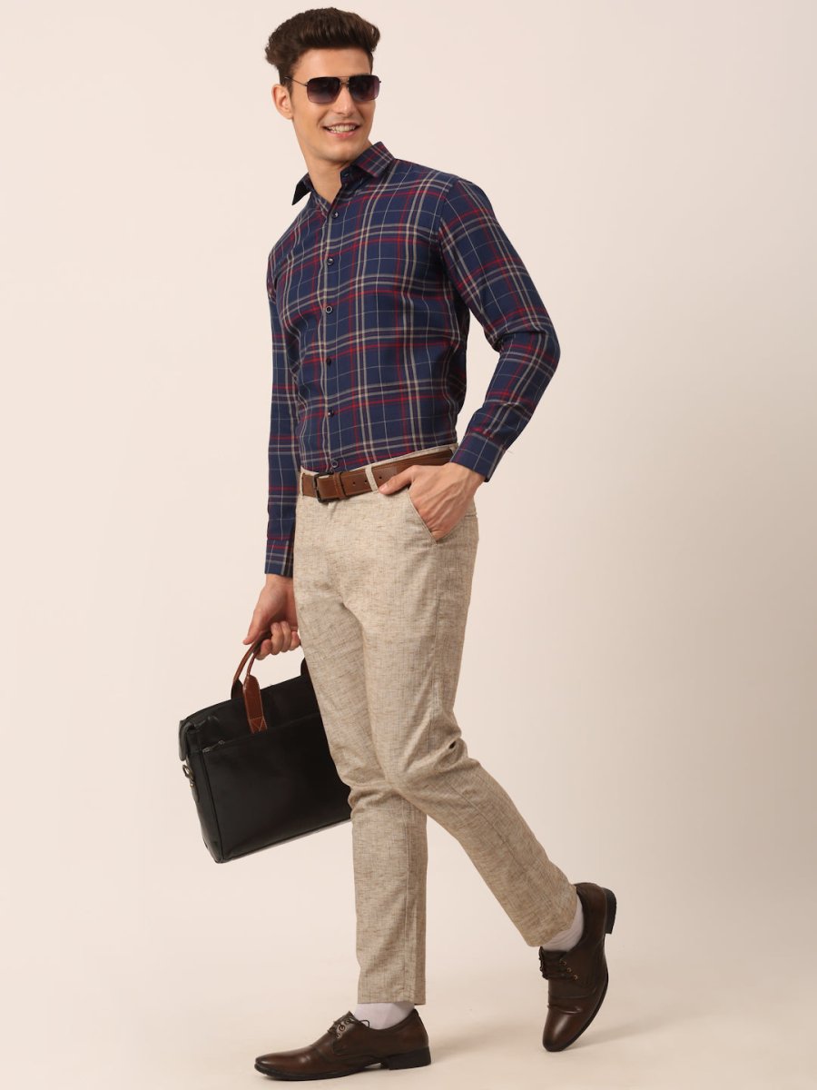 Indian Needle Men's Cotton Checked Formal Shirts - SF_819Navy_S