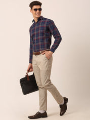 Indian Needle Men's Cotton Checked Formal Shirts - SF_819Navy_S