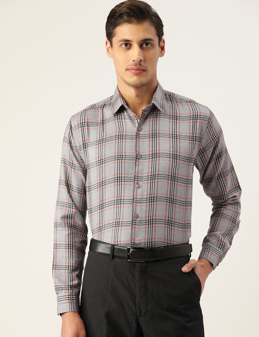 Indian Needle Men's Cotton Checked Formal Shirts - SF_793Grey_S