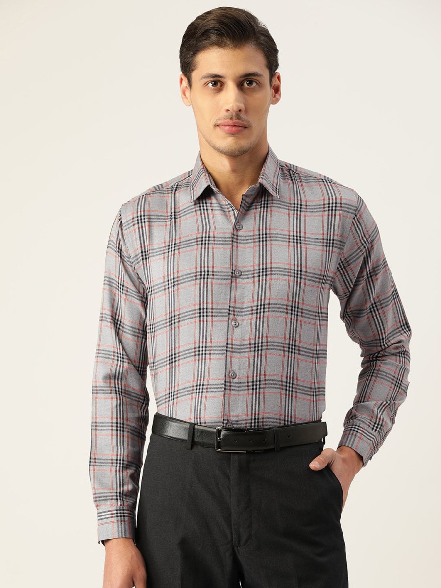Indian Needle Men's Cotton Checked Formal Shirts - SF_793Grey_S