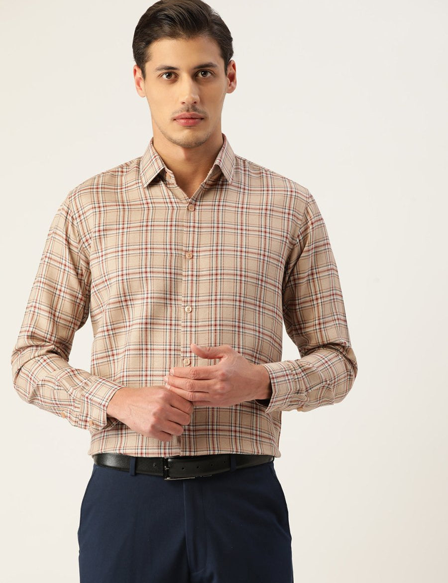 Indian Needle Men's Cotton Checked Formal Shirts - SF_791Brown_S