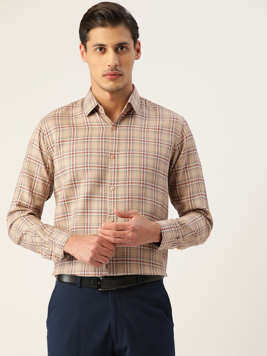 Indian Needle Men's Cotton Checked Formal Shirts - SF_791Brown_S