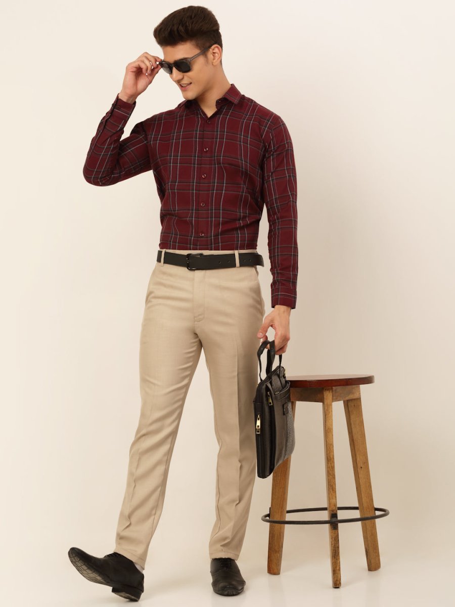 Indian Needle Men's Cotton Checked Formal Shirts - SF_836Maroon_S