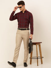 Indian Needle Men's Cotton Checked Formal Shirts - SF_836Maroon_S