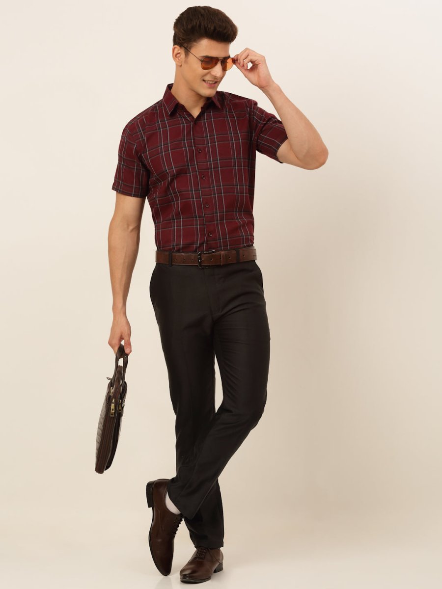 Indian Needle Men's Cotton Checked Formal Shirts - SF_834Maroon_S