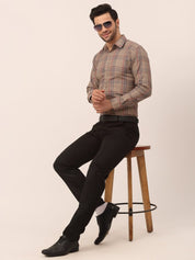 Indian Needle Men's Cotton Checked Formal Shirts - SF_819Brown_S
