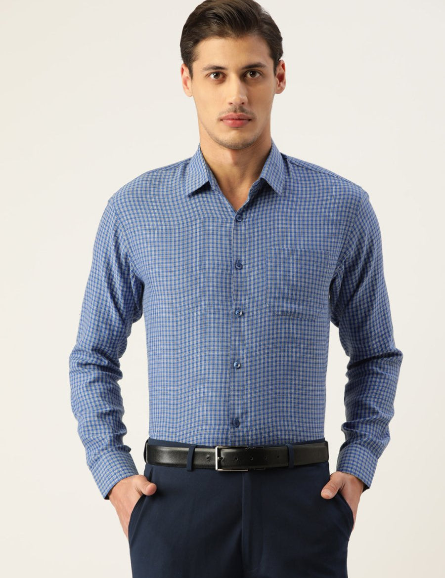Indian Needle Men's Cotton Checked Formal Shirts - SF_804Blue_S