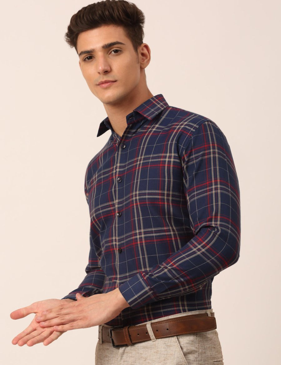 Indian Needle Men's Cotton Checked Formal Shirts - SF_819Navy_S
