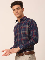 Indian Needle Men's Cotton Checked Formal Shirts - SF_819Navy_S
